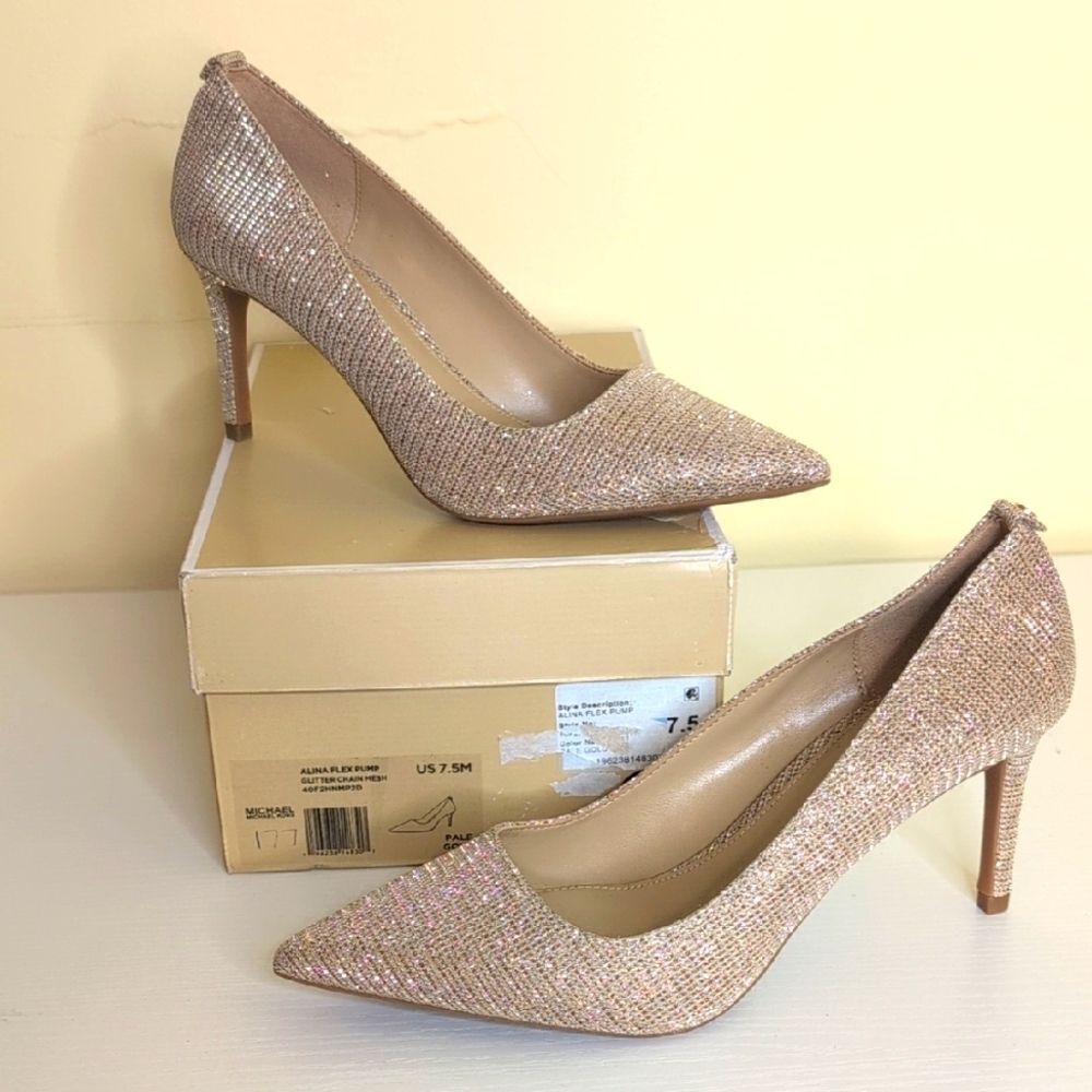 Michael Kors 7.5 Alina Flex Pump Pale Gold Glitter Chain Mesh Heels, NEW